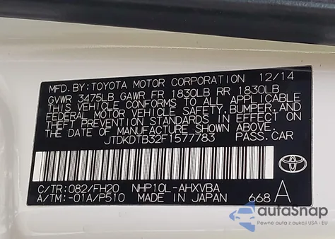 2015 Toyota Prius C One z USA, uszkodzony, nr VIN JTDKDTB32F1577783